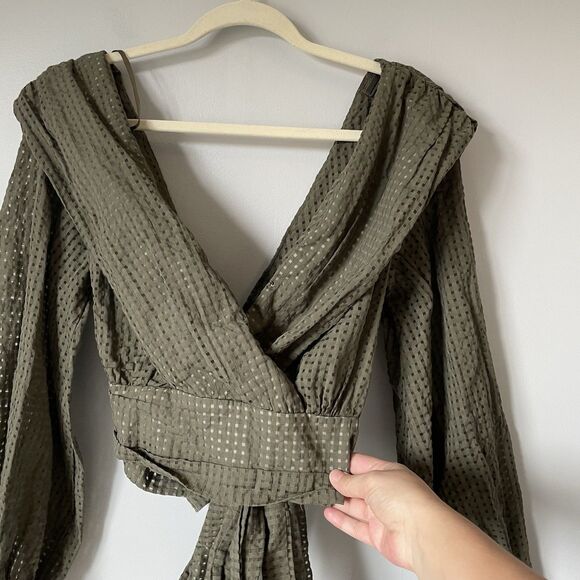 Maeve Anthropologie Crop Deep-V Blouse Waist Tie Green Women's Size 12 - Picture 7 of 13